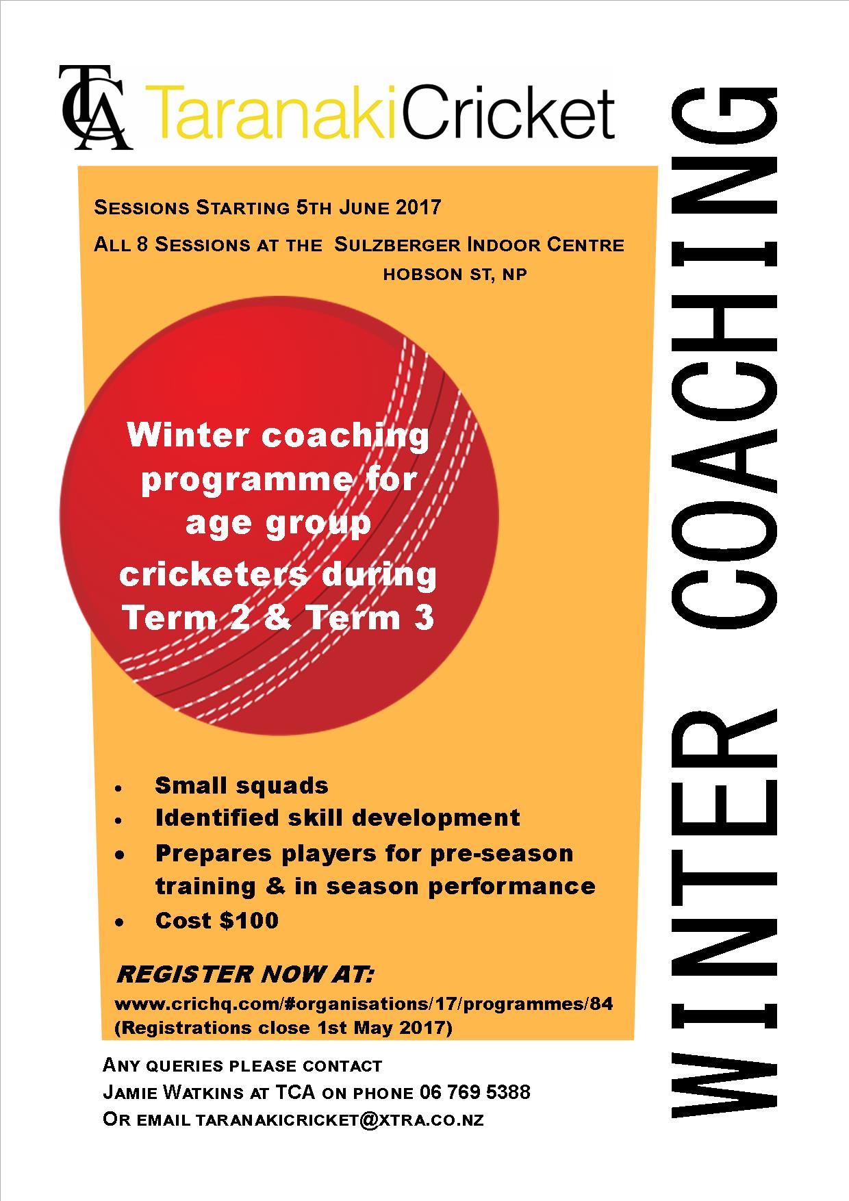 TCA Winter Coaching for age group cricketers starts 5th June 2017